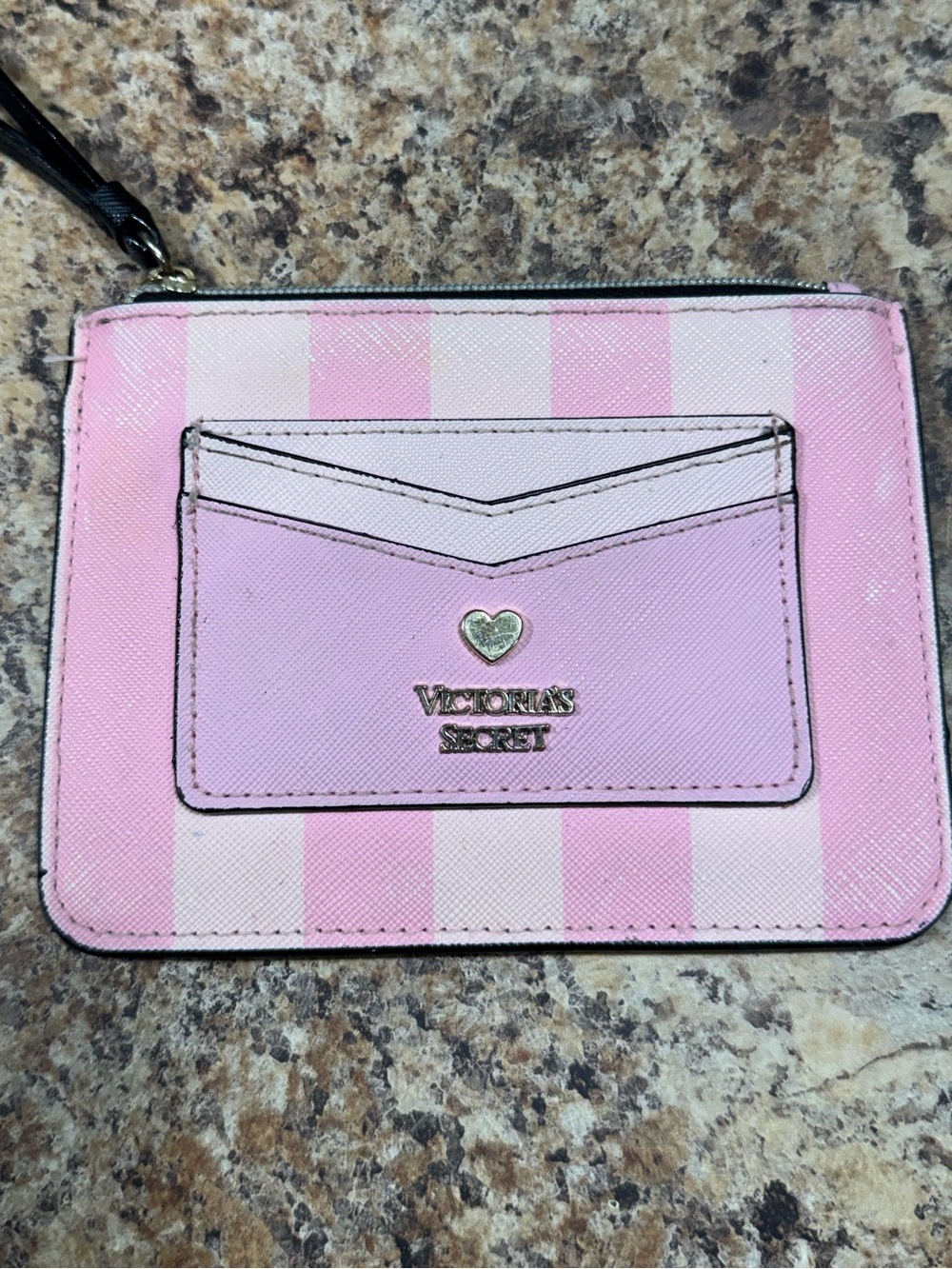 Victoria's Secret Pink Striped Card Pouch with Heart Accent
